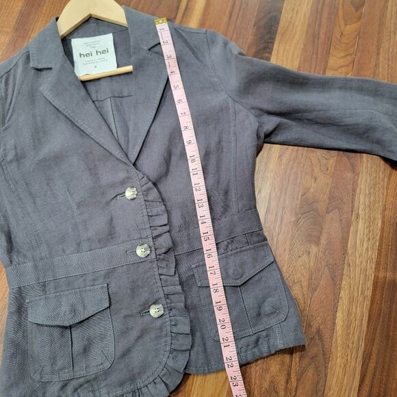 Anthropologie HEI HEI Landmark 3 Button Ruffled 100% Linen Blazer Jacket Size 6 - Picture 10 of 11